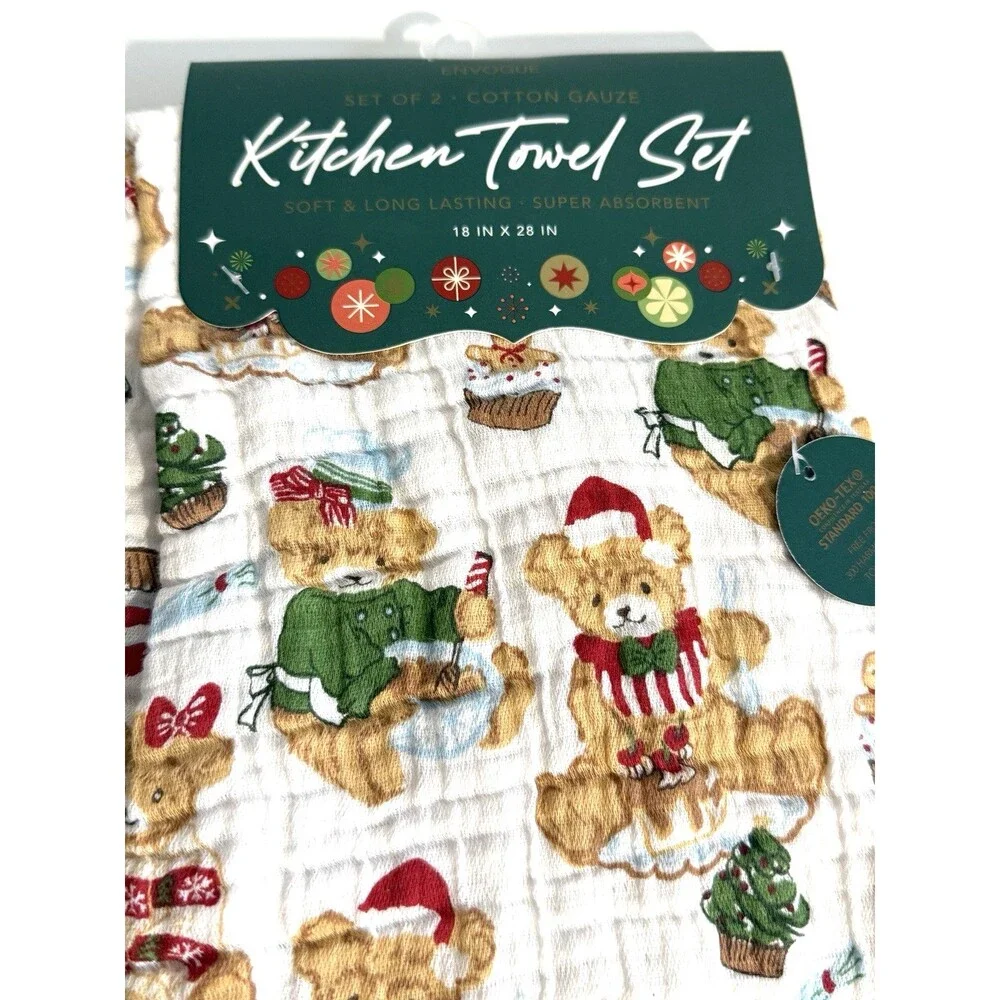 Envogue Christmas Teddy Bears Dish Kitchen Towels 100% Cotton Gauze Set of 2